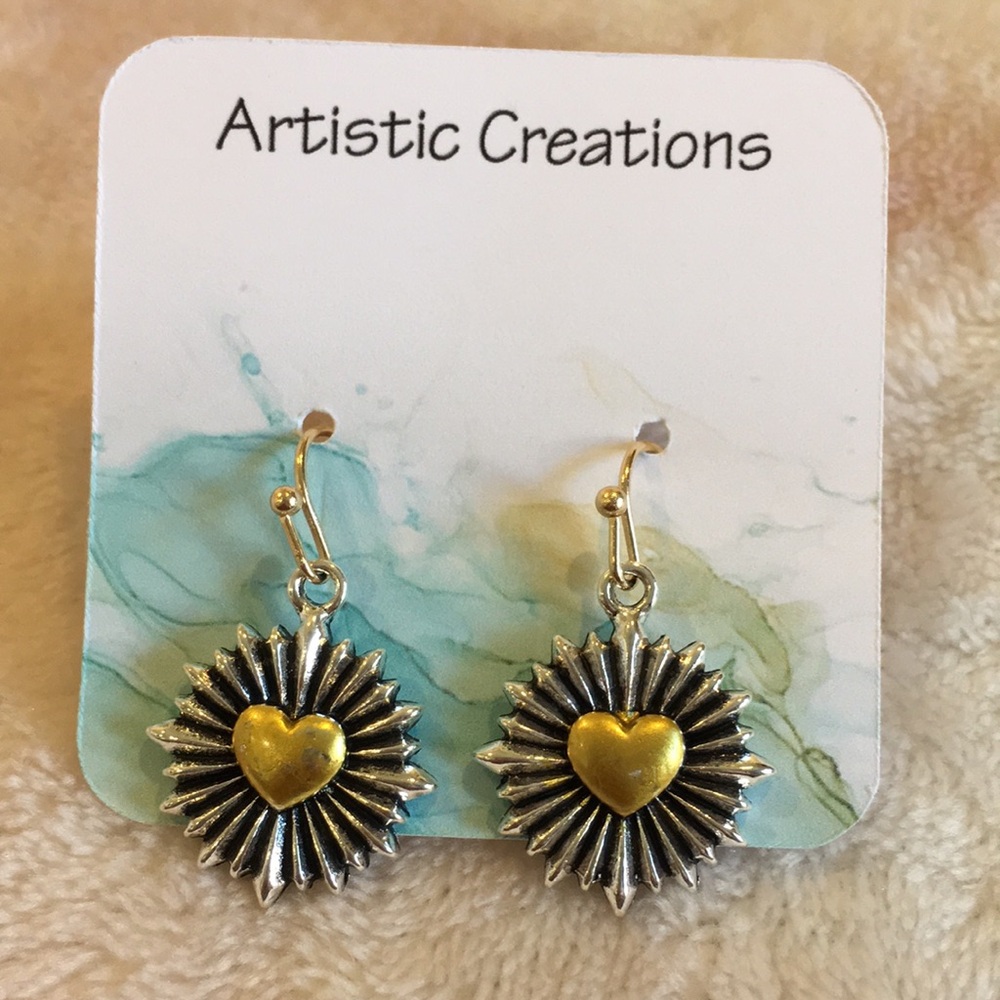 Heart Burst Fashion Pierced Earrings Gold Silver Alloys NWT 1”x.75” artistic cre - Picture 2 of 12